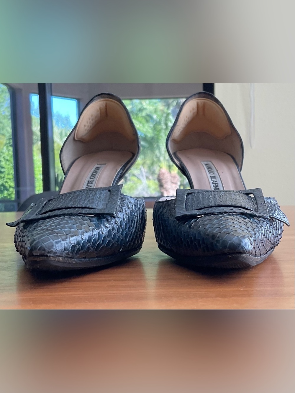 Manolo Blahnik Dark Blue Snakeskin Tonado Heels with Buckle MSRP $795 Size 8 1/2